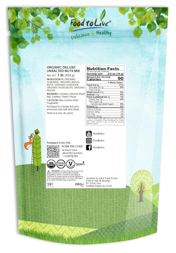 Food to Live Organic Deluxe Unsalted Nuts Mix, 1 Pound ??A Blend of Dry Roasted Organic Raw Pecans, Cashews, Hazelnuts, Almonds, and Brazil Nuts. Non-GMO, Oven Roasted, No Oil Added, Kosher, Vegan