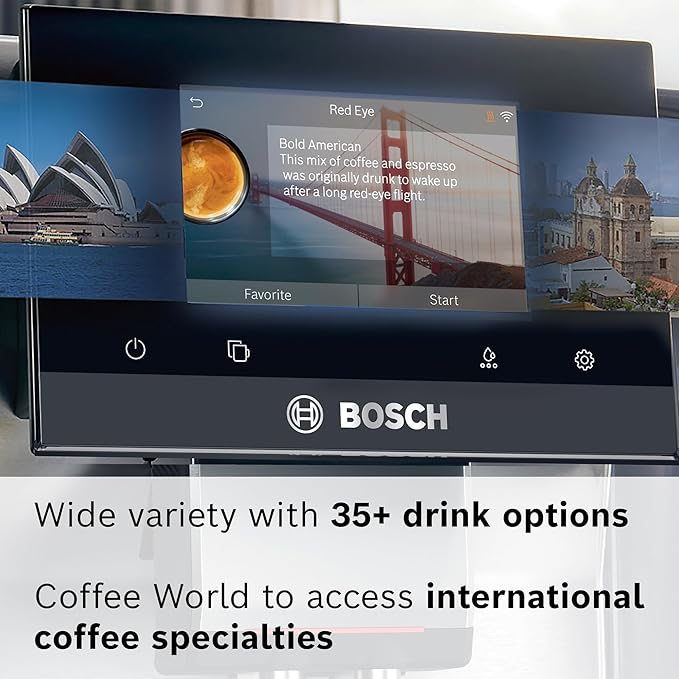 Bosch 800 Series Fully Automatic Espresso and Coffee Machine ??36 Drinks with Coffee World, Cold Brew, Double Cup, Milk Hose, Glass Milk Container, in Metallic Silver TPU60501