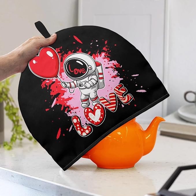 Valentine's Day Tea Cozy for Teapot Insulated Love Astronaut Large Teapot Cover to Keep Warm Tea Kettle Cover Machine Washable Coffee Pot Cloth Covers Kitchen Home Decorations