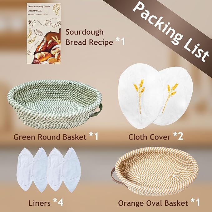 Banneton Bread Proofing Basket Set, Oval Sourdough Banneton Basket 10 inch,Handmade Sourdough Bread Basket with Covers 4 Liners for Artisan Bakers Starter Cotton Rope