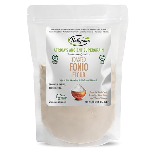 Nafajama Premium Gluten-Free Toasted Fonio Flour | Ancient African Superfood | All-Natural, Non-GMO, Vegan, High-Fiber - 1 Bag of 1 lb / 454g