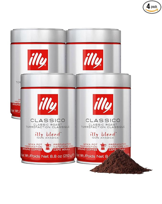Illy Ground Moka Coffee - Classico Medium Roast - Mild & Balanced - 100% Arabica - Pre-Ground for Moka Pot - Pressurized Packaging Sealed for Freshness - 8.8oz - (Pack of 4)