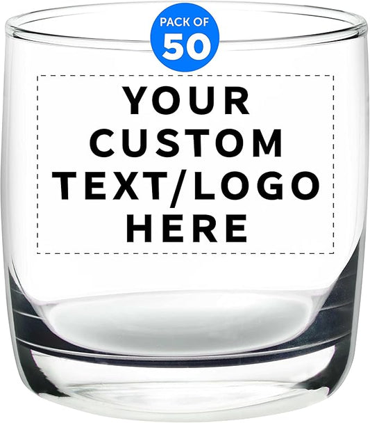DISCOUNT PROMOS Custom Whiskey Glasses 10 oz Set of 50, Personalized Bulk Pack - Heavy Base Old Fashioned Glass, Perfect for Scotch, Bourbon, Whiskey, Cocktail - Clear Bottom Color