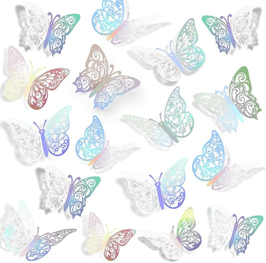 72 Pcs Butterfly Decorations - 3 Sizes, 3 Styles Wall Decor - Rainbow Silver