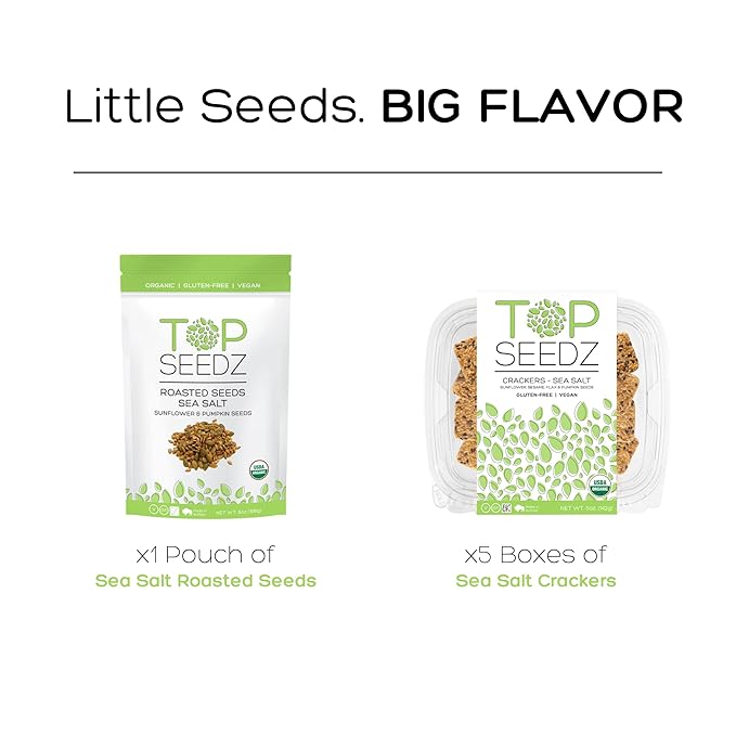 Top Seedz Deluxe Organic Gluten Free Vegan Seed Crackers and Roasted Seeds Bundle | 1 Pouch of Sea Salt Roasted Seeds | 5 Packs of Sea Salt Crackers