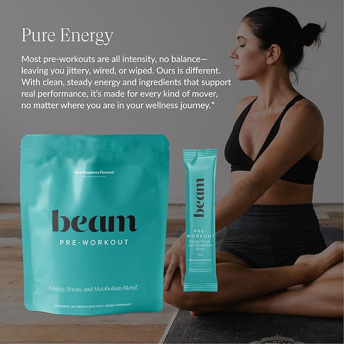 Beam Pre Workout Powder for Energy, Focus & Endurance ??Natural Caffeine from PurCaf, Cognizin, Electrolytes, L-Citrulline, Beta-Alanine, L-Theanine ??No Crash, Jitter-Free, 20 Serving Sticks
