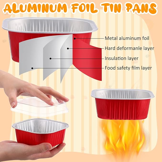 Aoriher 150 Pieces 10 oz Mini Cake Pans with Lids Aluminum Foil Baking Cups Square Disposable 4" x 4" Large Cupcake Cups Baking Tins for Kitchen Brownie Pudding Desserts Holders(Red)