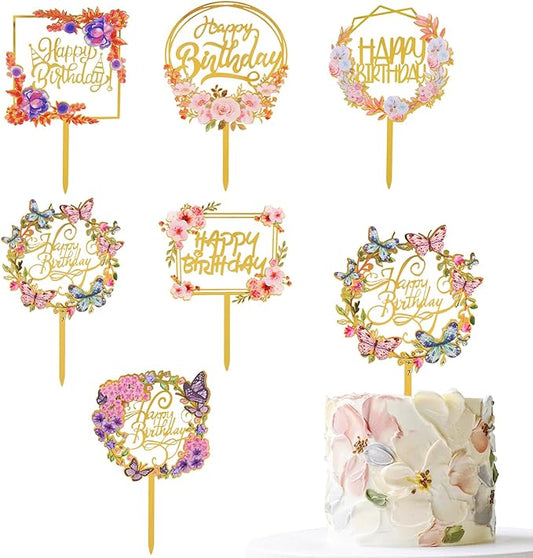 6 Pack Happy Birthday Cake Toppers Gold Butterfly Acrylic Cupcake Toppers for Birthday Cake Decorations Supplies
