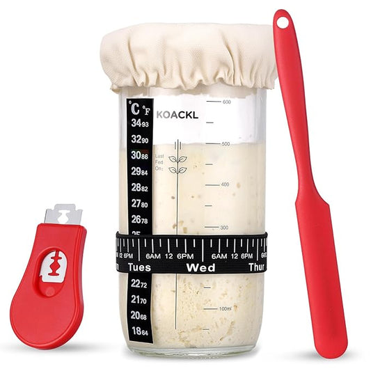 Sourdough Starter Kit, 24oz Sourdough Starter Jar with Magnetic Bread Lame, Thermometer, Long Scraper, Cloth Cover & Lid for Sourdough Bread Baking Supplies