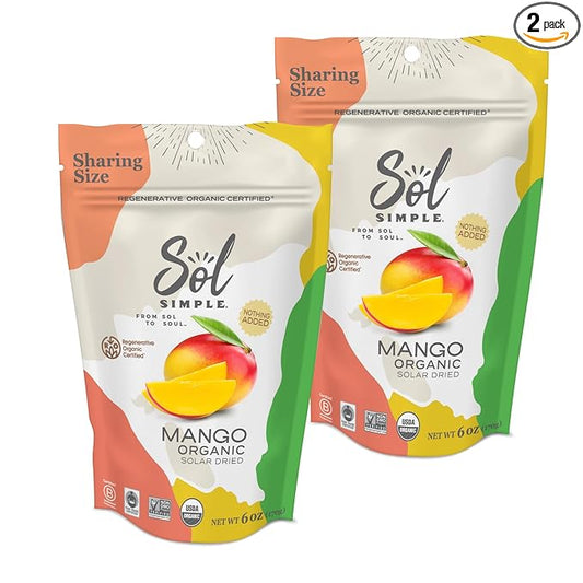 SOL SIMPLE Organic Dried Mango | 6oz Snack Pack (2 Bags Total) | One Ingredient | Vegan | Non-GMO | No Added Sugar | Fair Trade | Dried Fruit | Mango