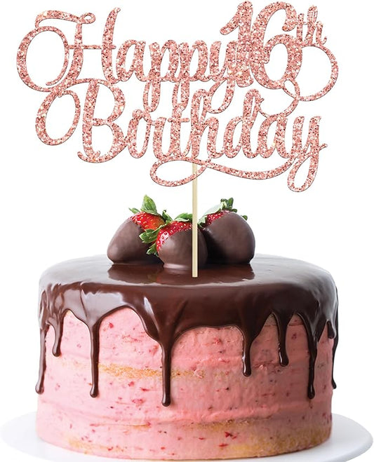 1 Pack Happy 16th Birthday Cake Topper Glitter Number 16 Sixteen Years Old Birthday Cake Pick Decoration for 16th Birthday Celebrating Anniversary Party Supplies Rose Gold