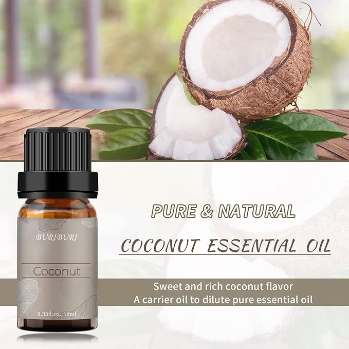 BURIBURI Coconut Essential Oil, Premium Grade Scented Oil 10ml Coconut Fragrance Oil Carrier Oil for Diffusers, Massage, Candle Making Soap Making