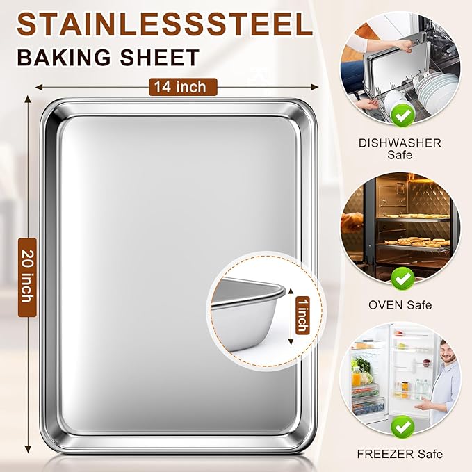 Commercial Quality Stainless Steel Baking Sheet, Extra Large Cookie Sheets for Baking, Warp Resistant Nonstick Baking Pan Oven Tray, Non Toxic & Heavy Duty & Dishwasher Safe - (20" x 14" x 1")