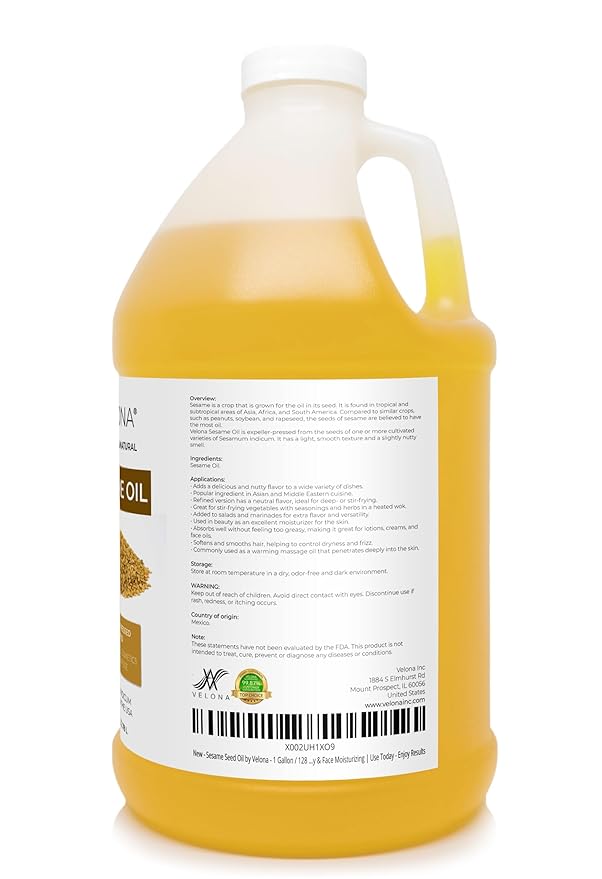 Sesame Seed Oil by Velona - 1 Gallon / 128 Fl Oz | 100% Pure and Natural Carrier Oil | Refined, Expeller Pressed | Cooking, Skin, Hair, Body & Face Moisturizing | Use Today - Enjoy Results