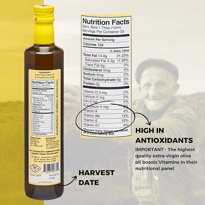 Papa Vince Olive Oil Extra Virgin - First Cold Pressed, Polyphenol Rich Olive Oil (EVOO). Lemon Agrumato, Unfiltered, Single Sourced, Glass Bottle, Family made, Sicily, Italy