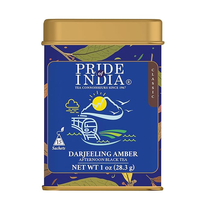 Pride of India | Darjeeling Amber: Afternoon Black Tea | 15 Pyramid Full Leaf Individually Wrapped Tea Bags | Smooth, Musky, Flowery Flavor| Single Estate Certified Classic Tea