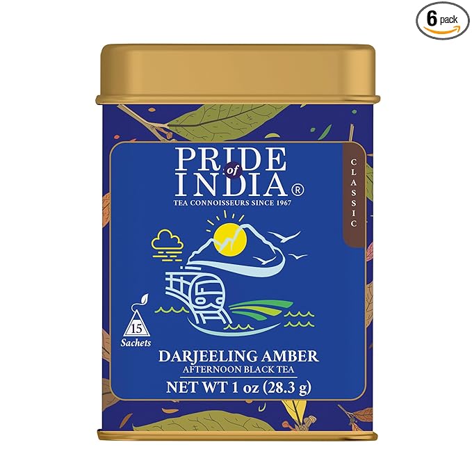 Pride of India | PACK of 6 - Darjeeling Amber: Afternoon Black Tea | 15 Pyramid Full Leaf Individually Wrapped Tea Bags | Smooth, Musky, Flowery Flavor| Single Estate Certified Classic Tea