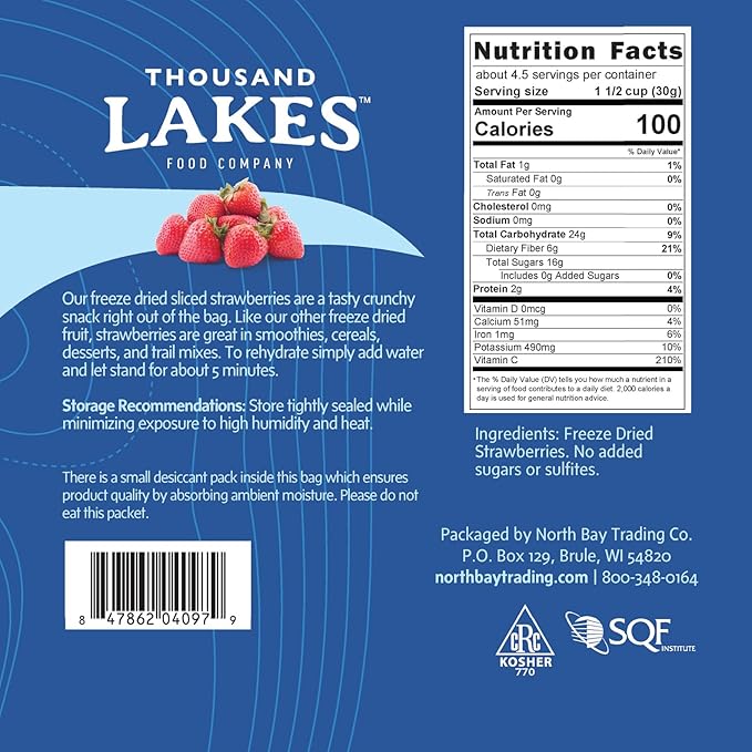 Thousand Lakes Freeze Dried Sliced Strawberries, Premium Fruit - Bulk 5 oz | No Sugar Added | 100% Strawberries