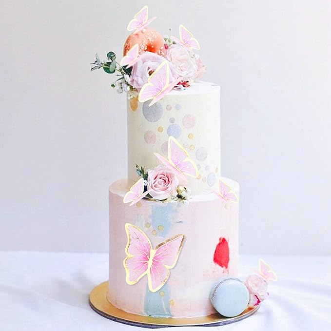 30pcs Red Gold Edge Mixed Size Lively 3D Waterproof Butterfly Cupcake Topper for Girls Women's Happy Birthday Wedding Party Cake Wall Party Food Decorations