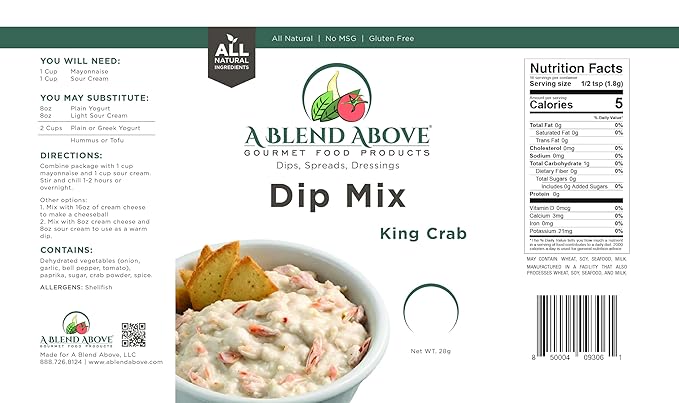 A Blend Above King Crab Dip Mix Mixed Seasonings Packet, 1 oz (3 Pack), Gluten-Free, No MSG, All Natural, No Preservatives, Vegetable Dip, Keto Friendly, Low Carb, Low Sodium, Vegan Friendly, Party Favorite, Chip Dip, Easy to Make