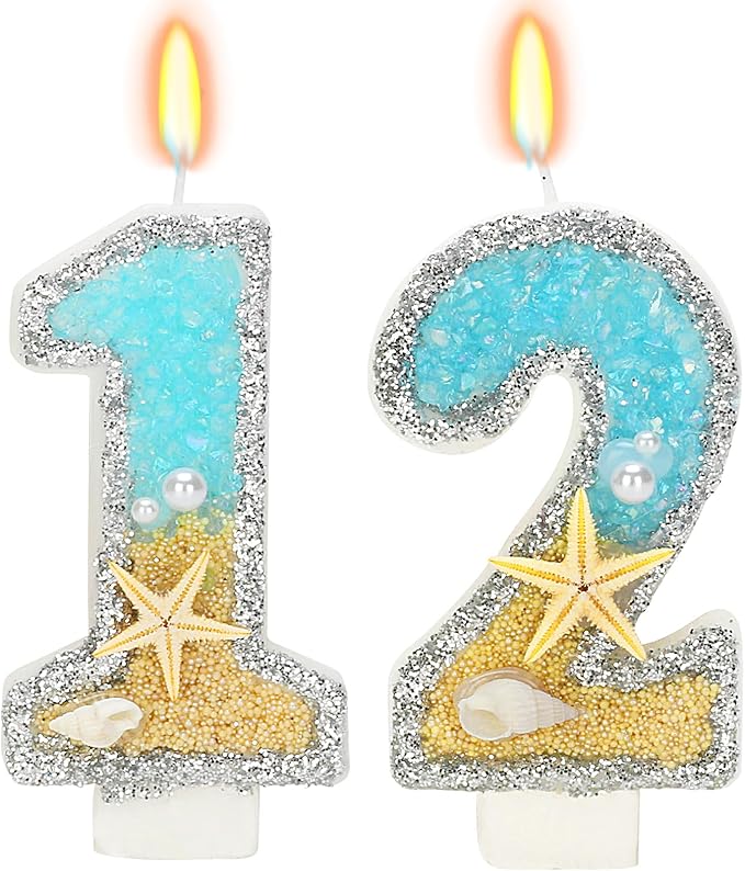Birthday Candle for Cake, Beach Starfish Sequins Candles, 2.76 inch Cake Topper Decoration for Birthday Party (Number 12)