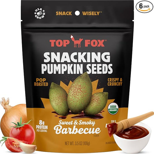 Top Fox Snacks BBQ Pumpkin Seeds to Eat (Barbecue, 3.5 oz – 6 Pack) - Gluten Free Snacks, Healthy Protein Snacks, Keto Friendly Snacks, Allergen Free Snacks, Paleo & Vegan - Organic Pop-Roasted