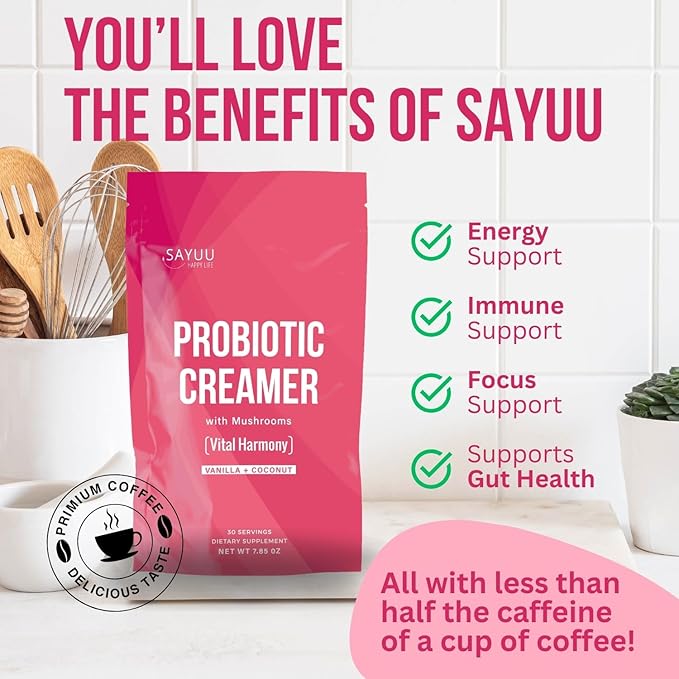 SAYUU Functional Probiotic Creamer With Mushrooms ??Enriched With Powerful Adaptogenic Mushrooms Like Lion's Mane, Reishi, And Cordyceps For Energy, Focus, And Stress Relief (30 Servings)