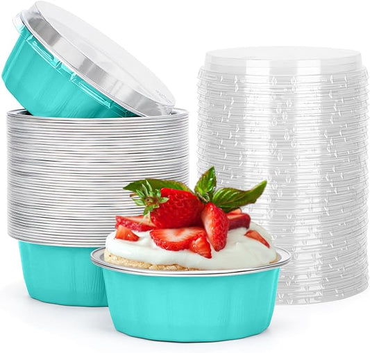 Beasea 8 oz 50 Pack Disposable Ramekins with Lids, Aluminum Cups for Baking Elegant Blue Aluminum Foil Cups Creme Brulee Muffin Cupcake Baking Cup Mini Pudding Cups for Party Wedding Birthday