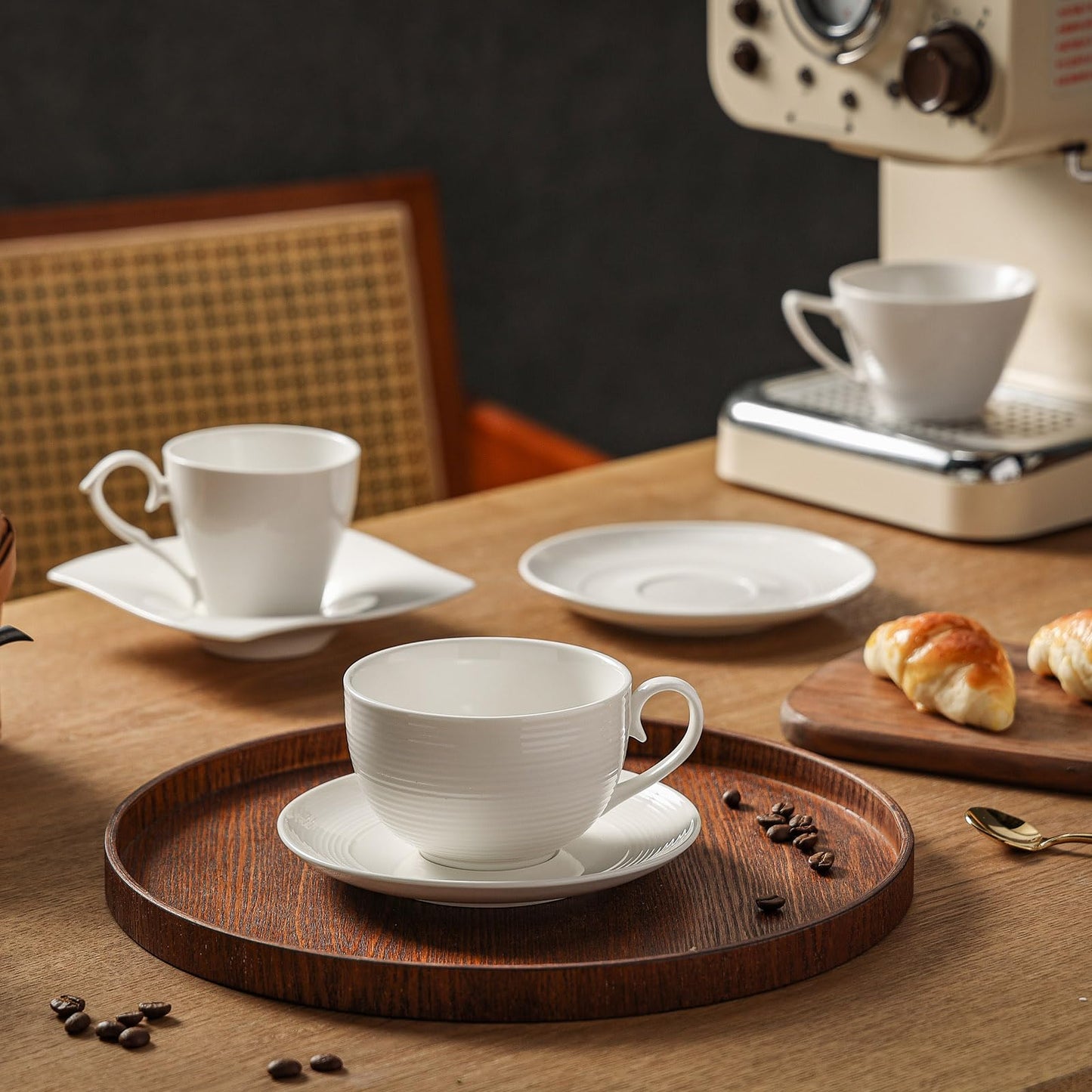 Feenmai 12 oz Cappuccino Cups with Saucers, Ceramic Espresso Coffee Cups Set of 4, White Latte Cup