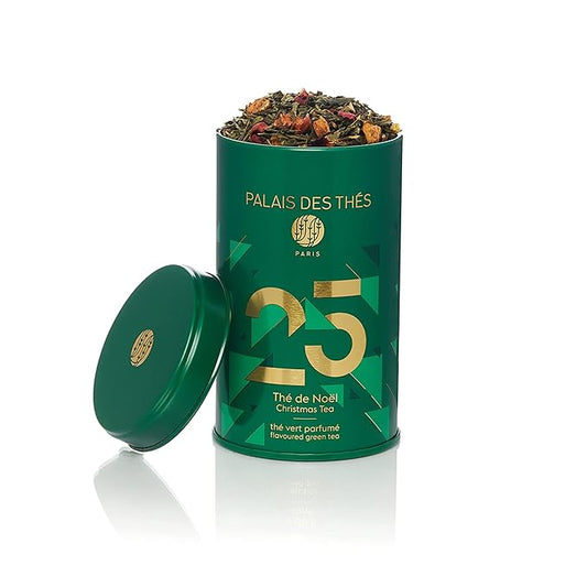 Palais des Th챕s - N째25 Green Tea - Holiday Blend with Citrus, Rose, Almond, and Spices - 3.5oz Loose Leaf Metal Gift Tin, Serves 20-25 Cups