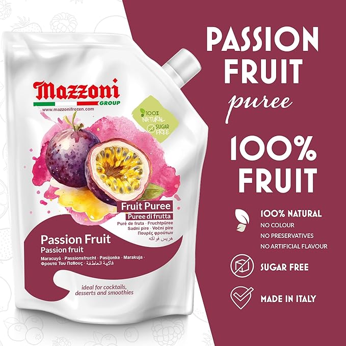 Mazzoni Passion Fruit Juice Puree, 100% Pure Passion Fruit, Maracuya, Just Fruit, No Sugar Added, 2.2 lbs (35.2 oz) Real Fruit Mixer for Cocktails, Smoothies, Drinks, Fruit Juice, Convenient Pouch, Made in Italy