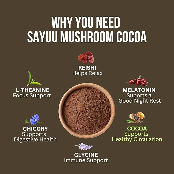 SAYUU Mushroom Coffee Hot Cocoa Mix ?“Instant Coffee Blend Enriched with Reishi, L-Theanine, Melatonin, Rich Cacao Flavor, Gut & Immune Health Support, Quick & Easy Bedtime Drink - 20 Servings