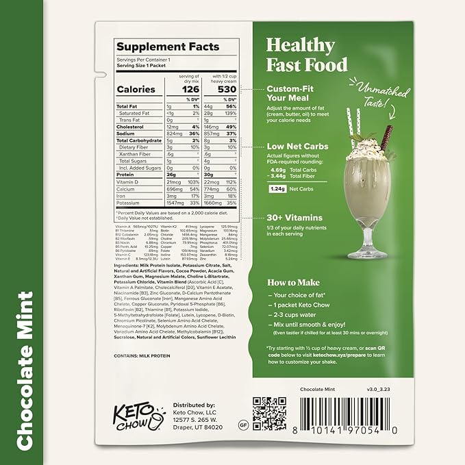 Keto Chow Chocolate Mint | Keto Meal Replacement Shake Powder | Nutritionally Complete | Low Carb | Delicious Easy Meal Substitute | Protein Rich You Choose The Fat | 21 Meal Serving