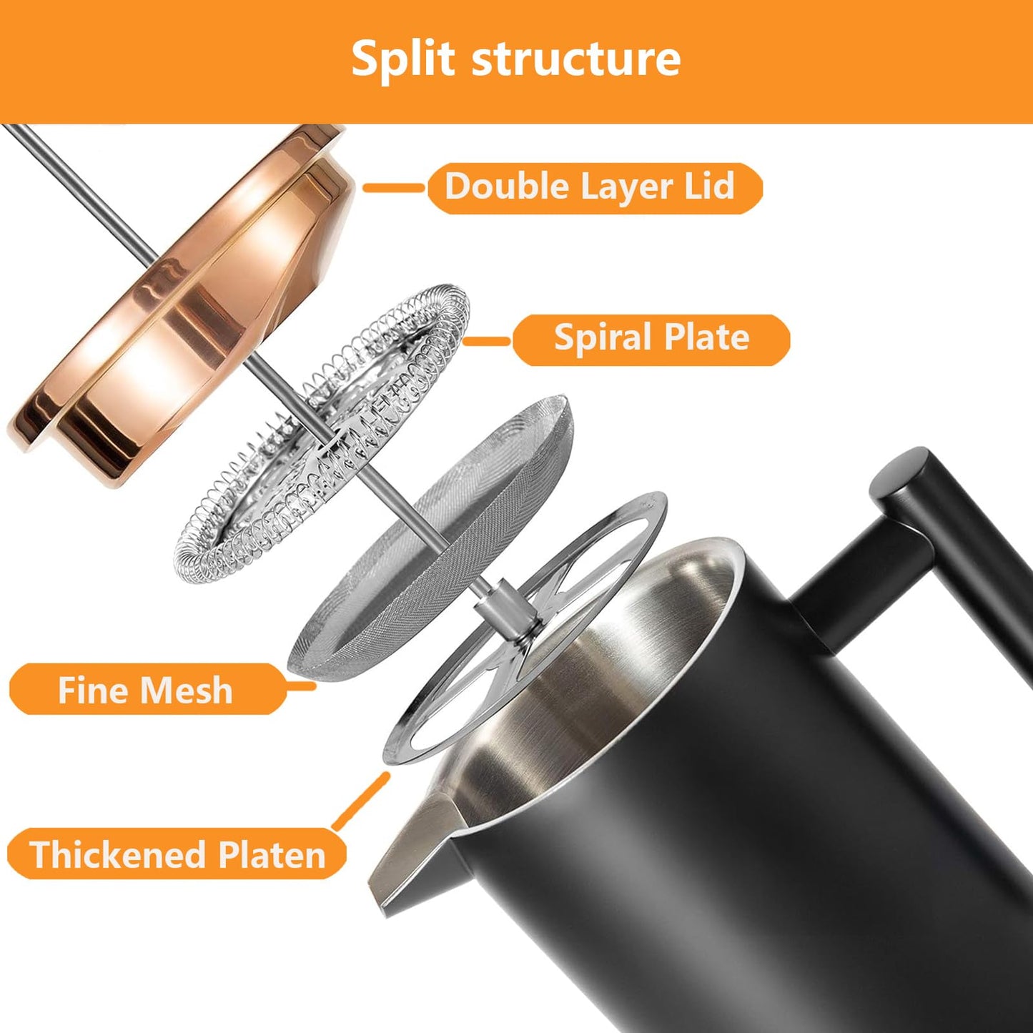 Meelio Small French Press Coffee Maker 350ml/12oz, Black Stainless Steel Double-Wall Insulated