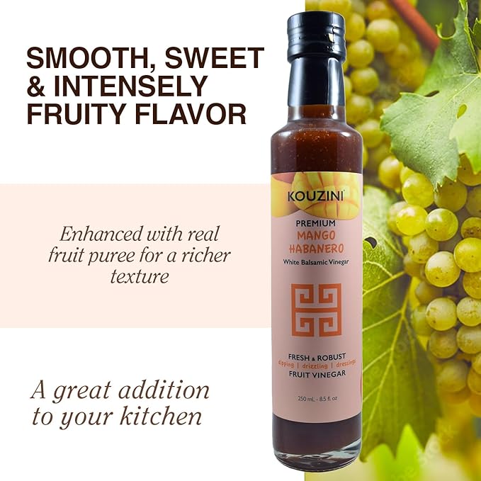 Kouzini Ultra Premium Mango Habanero White Balsamic Vinegar, Aged Balsamic Vinegars from Modena, Italy, Premium, Smooth & Full-Bodied Flavor, 250ml Bottle