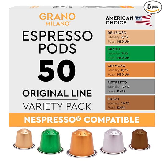 Grano Milano Variety Pack Coffee Capsules - 50 Aluminum Coffee Pods Compatible With Nespresso Original Line, Medium And Dark Roast, Made In Italy