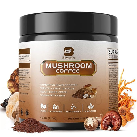 Mushroom Coffee Powder with MCT Oil - 10 Mushrooms Lion's Mane, Turkey Tail, Reishi, Cordyceps &