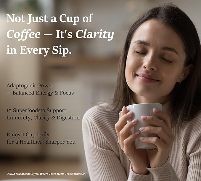 DLNIA Organic Mushroom Coffee with 12 Adaptogenic Mushrooms, Arabica Beans, Coconut Milk & MCT Oil | Cordyceps, Lion?™s Mane & Turkey Tail Instant Coffee for Better Energy, Focus, Digestion, Immunity