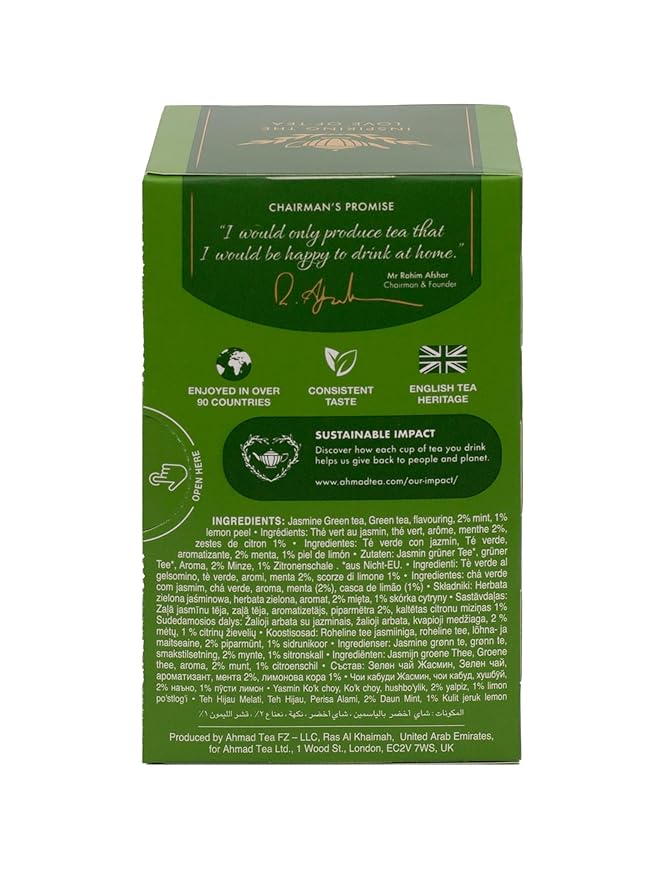 Ahmad Tea Green Tea, Green Tea Selection, Lemon Green Tea, Jasmine Green Tea, Mint Green Tea, & Green Tea Teabags, 20 ct (Pack of 1) - Caffeinated & Sugar-Free