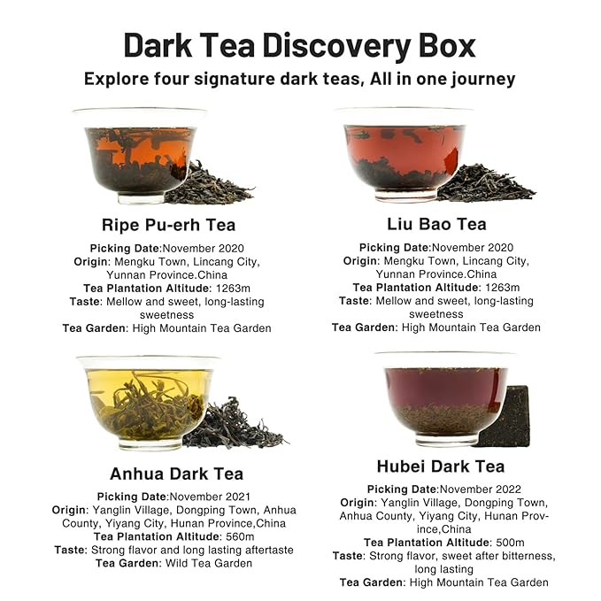 iTeaworld Chinese Dark Tea Sampler, Includes Aged Pu'erh, Liu Bao, Anhua, Hubei, 20 Packs with 20 Biodegradable Tea Bags,Perfect for Daily Relaxation, 3.5oz