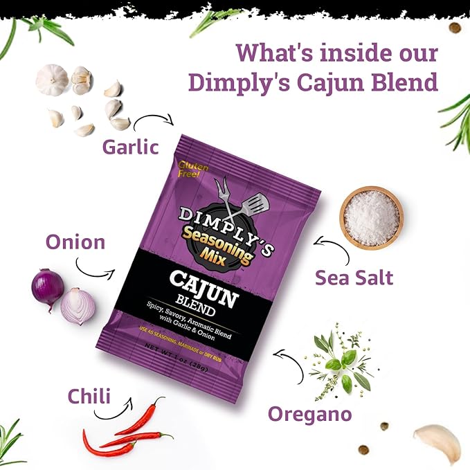 Dimply's Cajun Seasoning Mix – 6 Pack, 1 oz Each – Bold Creole Spice Blend for Chicken, Meat, Seafood, Tofu, and Vegetables – Dry Rub and Marinade – Vegan, Gluten Free, No MSG, Preservative Free