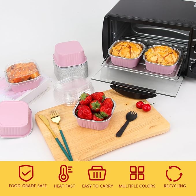 10oz/80pack Mini Cake Foil Pans with Lids,LNYZQUS 4?�x4??Large Cupcake Pan Disposable Ramekins,Small Brownie Baking Cups Square Muffin Tin Cheesecake Containers Holders-Pink