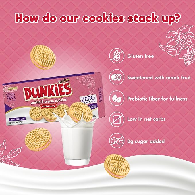 ChocZero Strawberry Creme Dunkies, Gluten Free, Low Sugar, Keto Strawberry Vanilla Sandwich Cookies, 9 oz