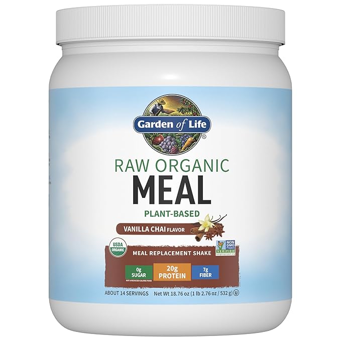 Garden of Life Meal Replacement Shakes, Raw Organic, Vanilla Chai Protein Powder with Plant Based Pea Protein, Sprouts, Greens, Probiotics, Dairy Free 14 Servings
