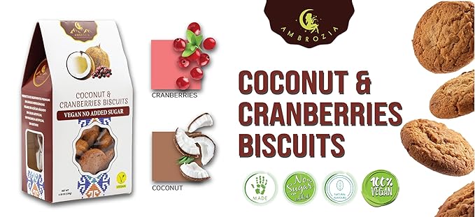 Ambrozia Vegan Snack Biscuits ??Coconut & Cranberry - Soft Baked, No Added Sugar, Clean Label, High Fiber & Wholesome Ingredients, Kid-Friendly, Healthy Snacks for Active Lifestyles, 4 x 4.58 Oz