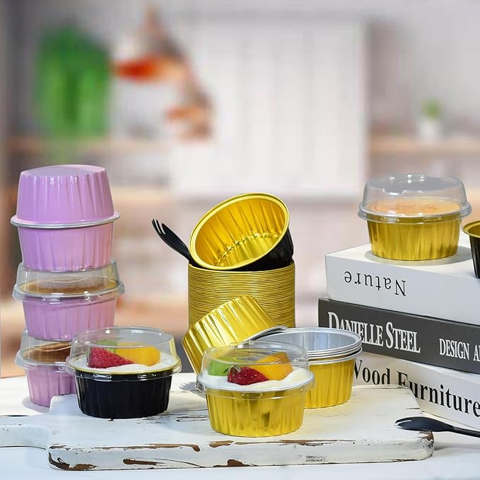 60 Pcs Mini Cake Pans with Lids,5oz Aluminum Foil Baking Cups Round Mini Disposable Ramekins 125ml Muffin Tin Ramekins Brownie Baking Cups, Dessert Cupcake Cups for Wedding Birthday Party