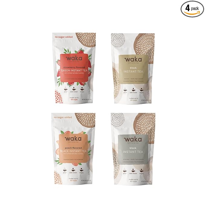 Waka Instant Tea ??Black & Strawberry Green Tea Powder Sample Bundle ??Unsweetened, No Sugar Added ??100% Tea Leaves ??4 x 0.45 oz Packs (Makes Up to 20 Cups or 5 Quarts Each)