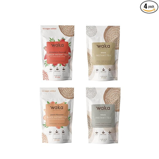 Waka Instant Tea ??Black & Strawberry Green Tea Powder Sample Bundle ??Unsweetened, No Sugar Added ??100% Tea Leaves ??4 x 0.45 oz Packs (Makes Up to 20 Cups or 5 Quarts Each)