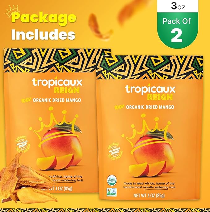 Organic Dried Mango No Sugar Added, 3oz, Pack of 2 (6oz Total) - Delicious and Nutritious Non-GMO Dried Mangoes - No Preservatives or Chemicals - Perfect Snack for Kids & Adults by Tropicaux Reign