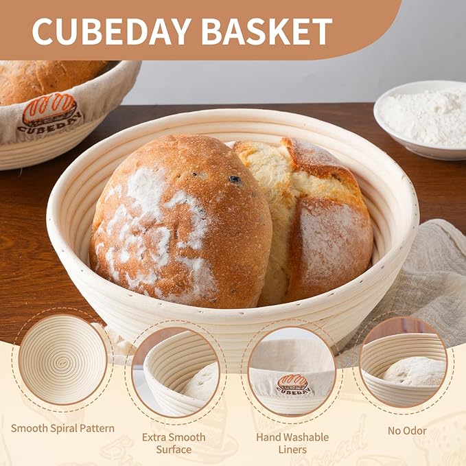 Banneton Bread Proofing Basket,Sourdough Banneton Basket, Nature Rattan Proofing Basket ??9 Inch Round x2 with Liner, Artisan-Grade Sourdough Baking Essentials for Perfect Rise & Rustic Crust